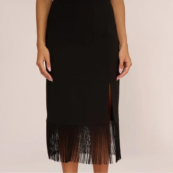 Aidan Adrianna Papell Crepe Popover Midi Black Fringe Hem Sheath Dress 2 LBD NWT - Picture 3 of 16